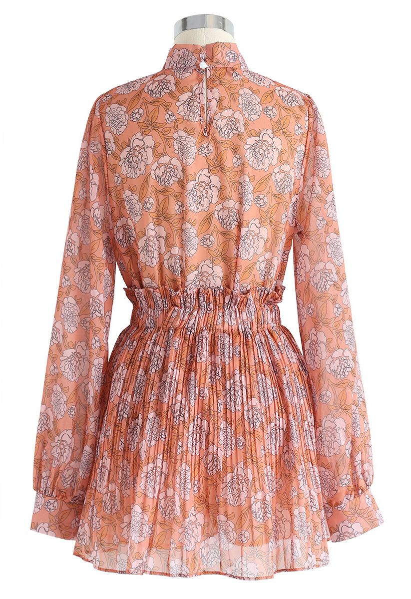 Conjunto de top y falda de gasa floral brillante en naranja