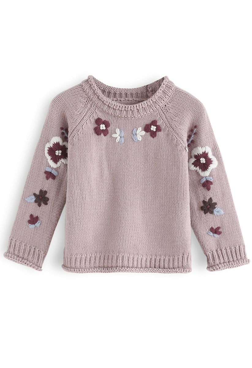 Agregar más suéter bordado de flores en rosa polvoriento para niños