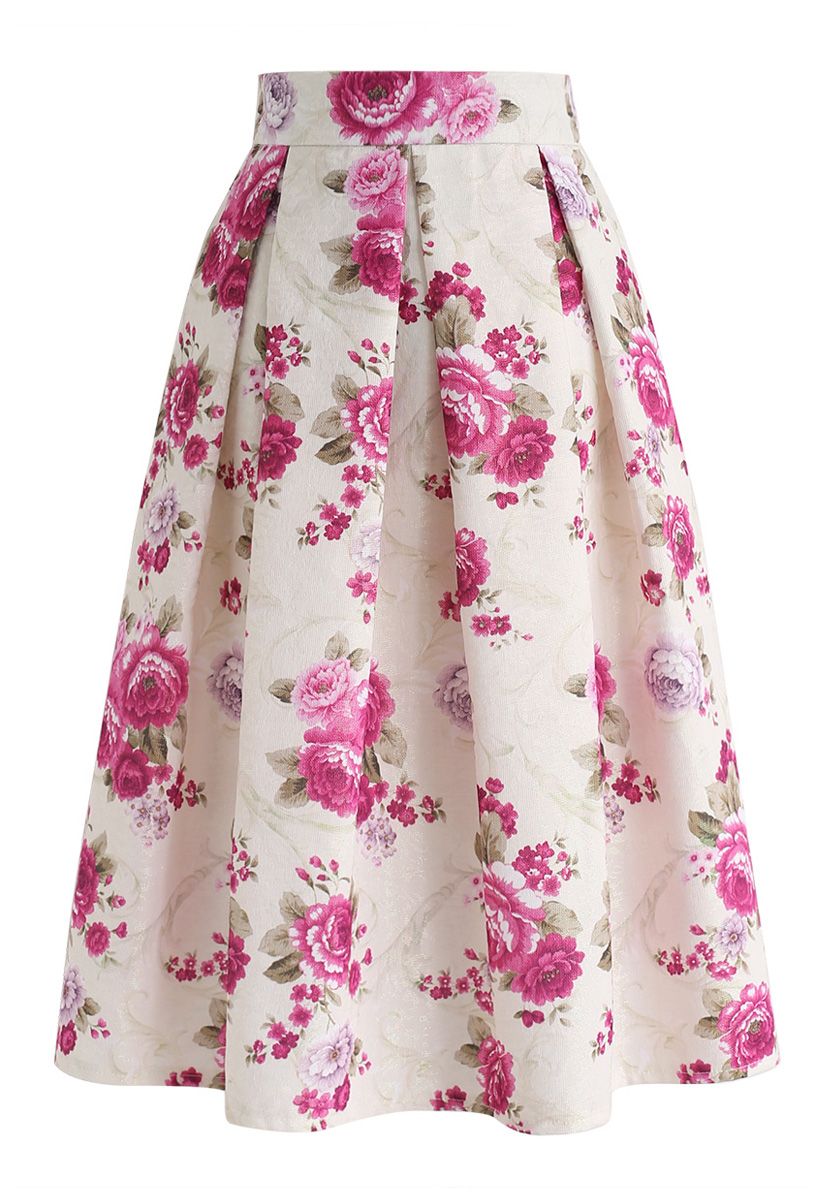 Falda midi plisada en relieve floral vintage en crema