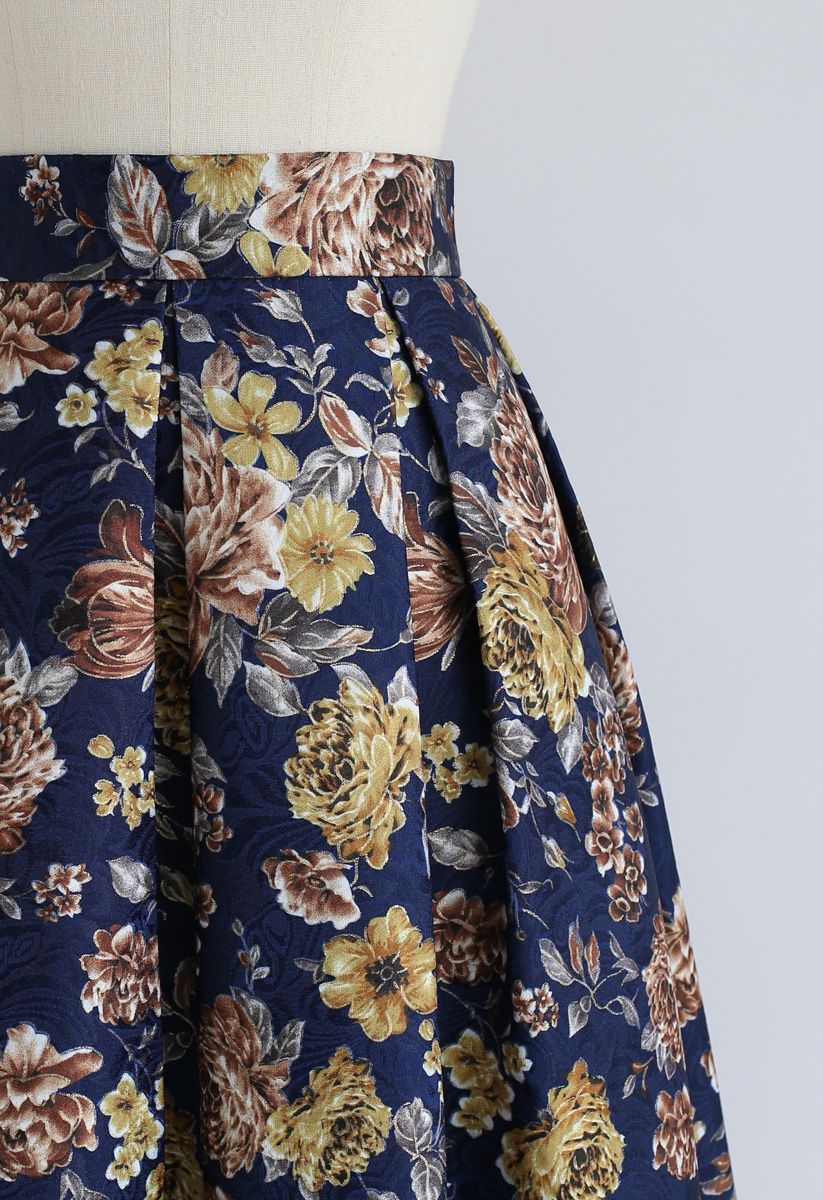 Falda midi plisada en relieve vintage floral en azul marino