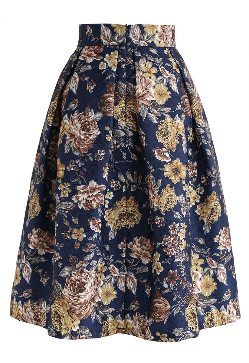 Falda midi plisada en relieve vintage floral en azul marino