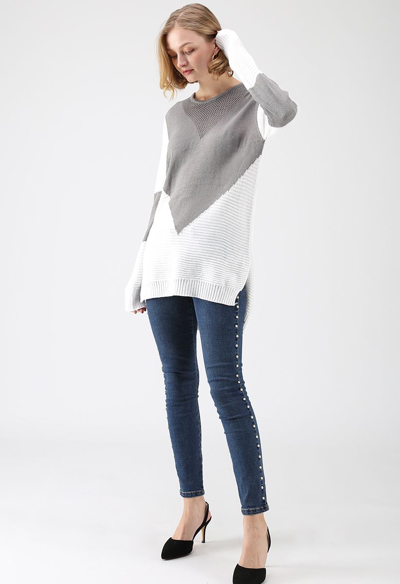 Suéter largo con bloqueo de color en gris - Retro, Indie and Unique Fashion