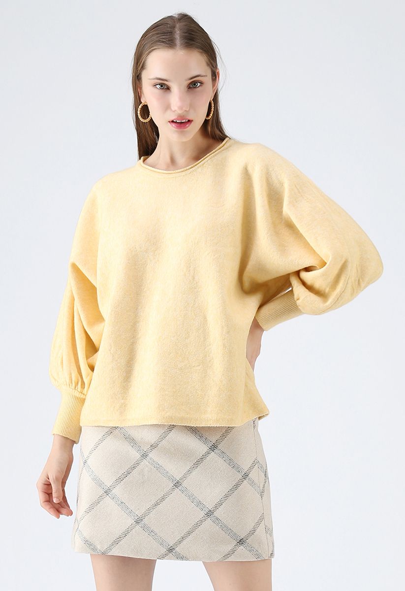 Suéter de punto con mangas de burbuja Dreamy Macaron en amarillo