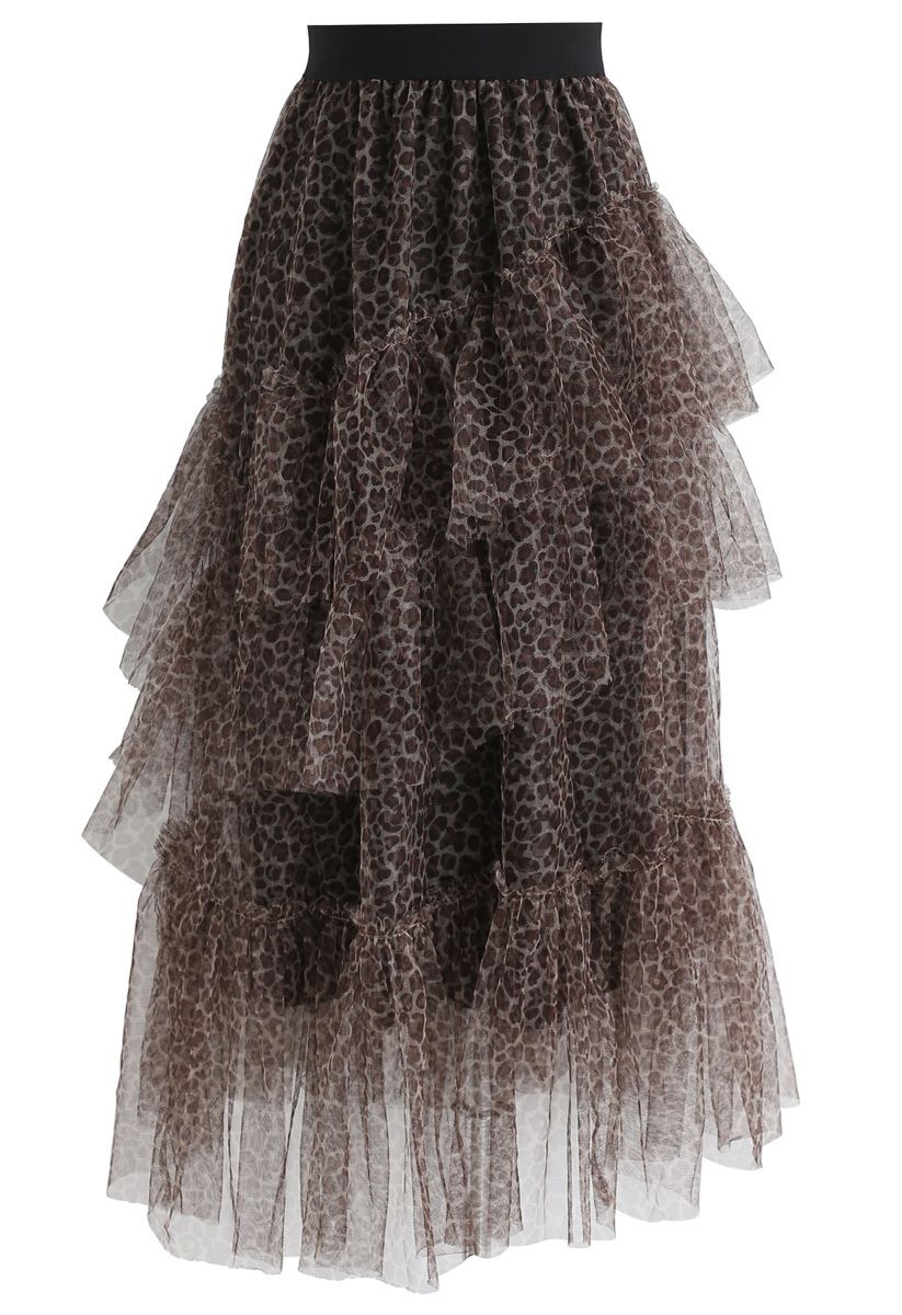 Falda de malla asimétrica con volantes de leopardo de Holly Night en marrón