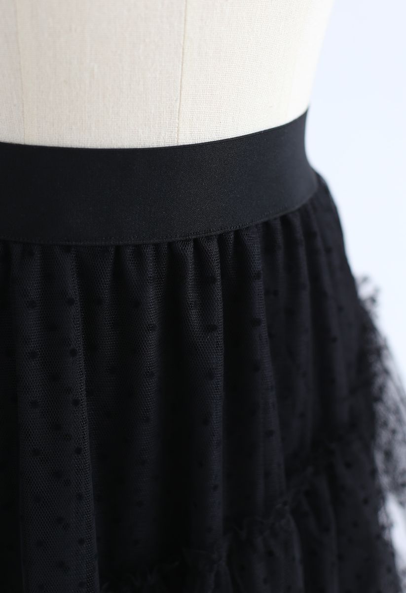 Falda de malla asimétrica con volantes Holly Night Dots en negro