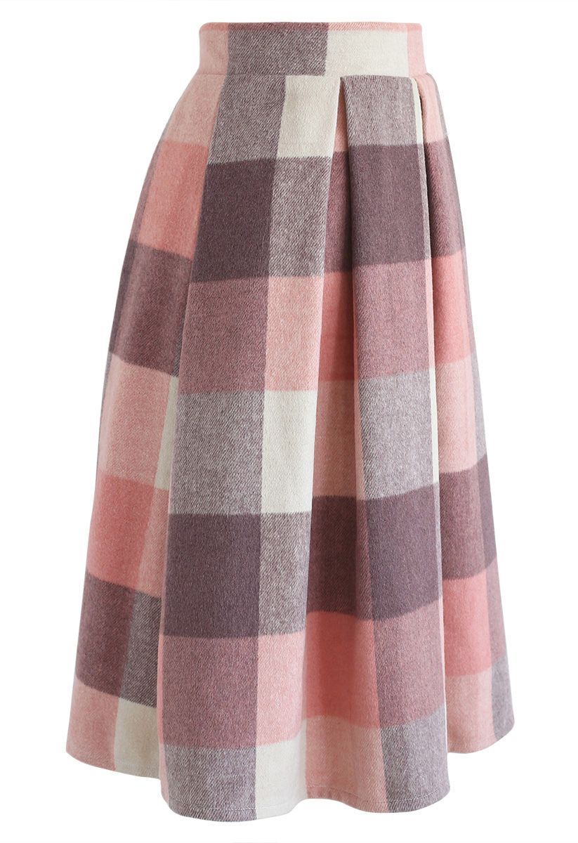 Falda midi de mezcla de lana con estampado de abrazo más grande en rosa
