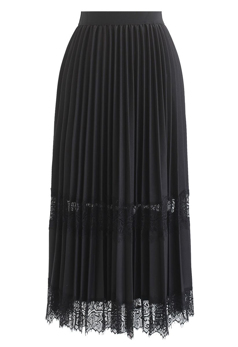 Falda midi plisada de encaje en negro