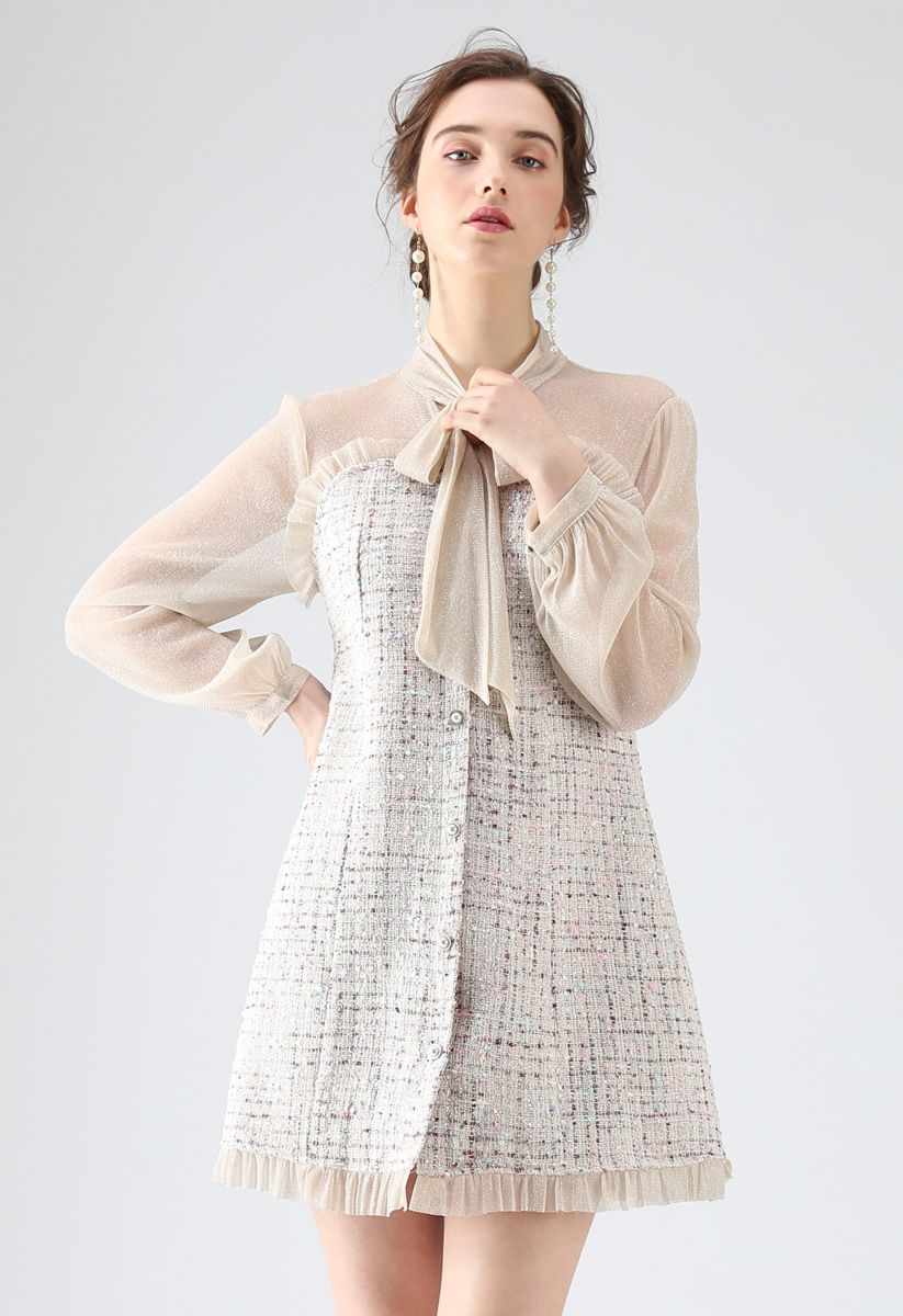 Vestido de tweed de malla con lazo brillante en crema