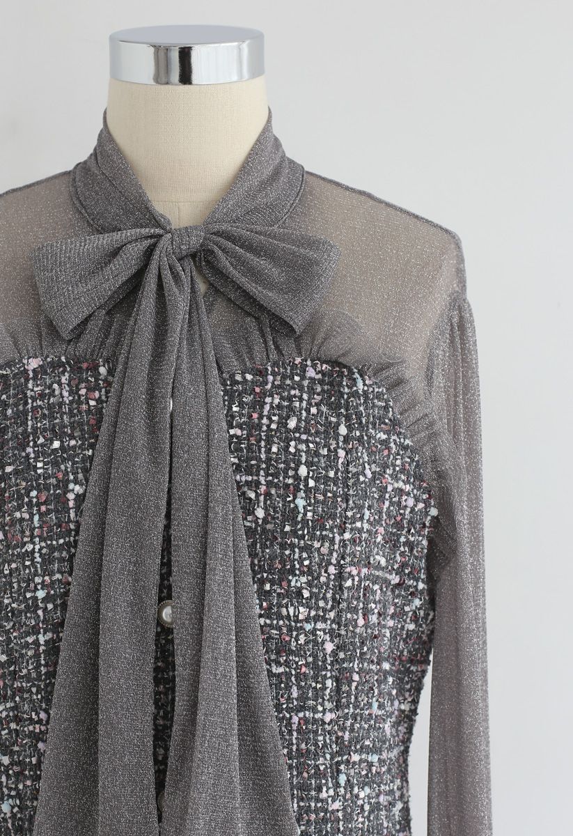 Vestido de tweed de malla con lazo brillante en gris