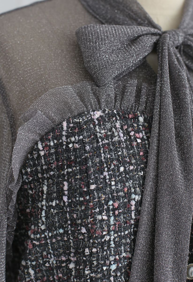 Vestido de tweed de malla con lazo brillante en gris