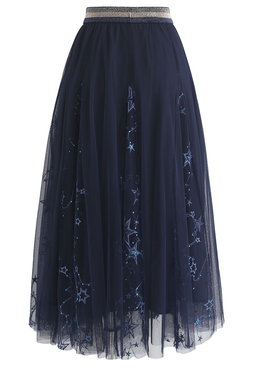 Falda midi de tul de Estrellas deslumbrantes en azul marino