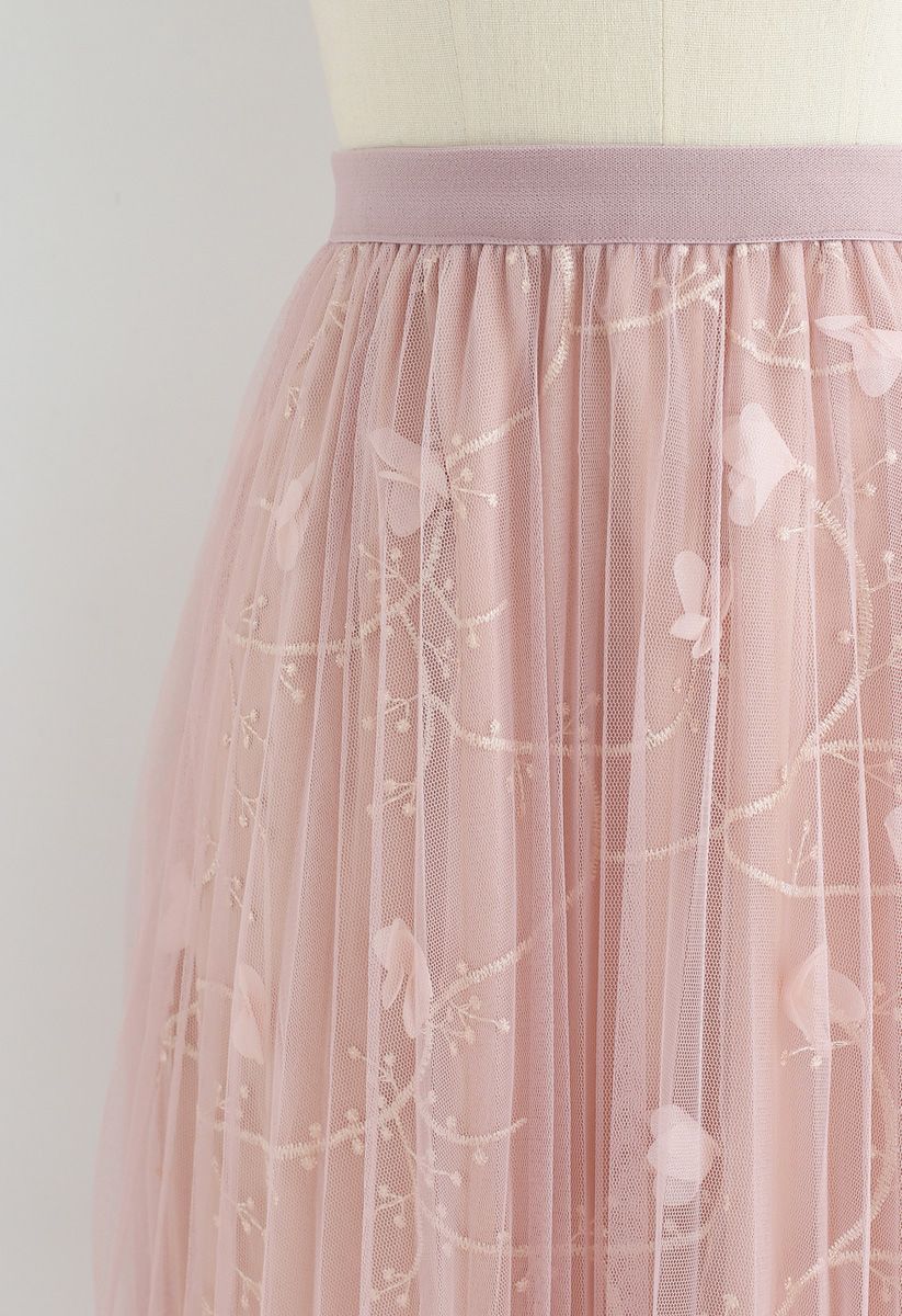 Falda midi de tul plisada de malla de Sueños fluorescentes en rosa