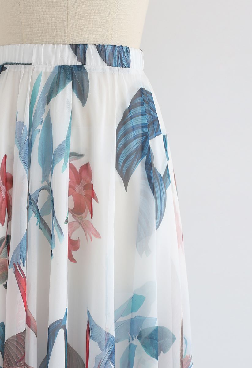 Falda larga acuarela floral tropical en blanco