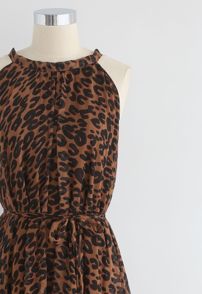 Vestido largo sin mangas en acuarela de leopardo en marrón