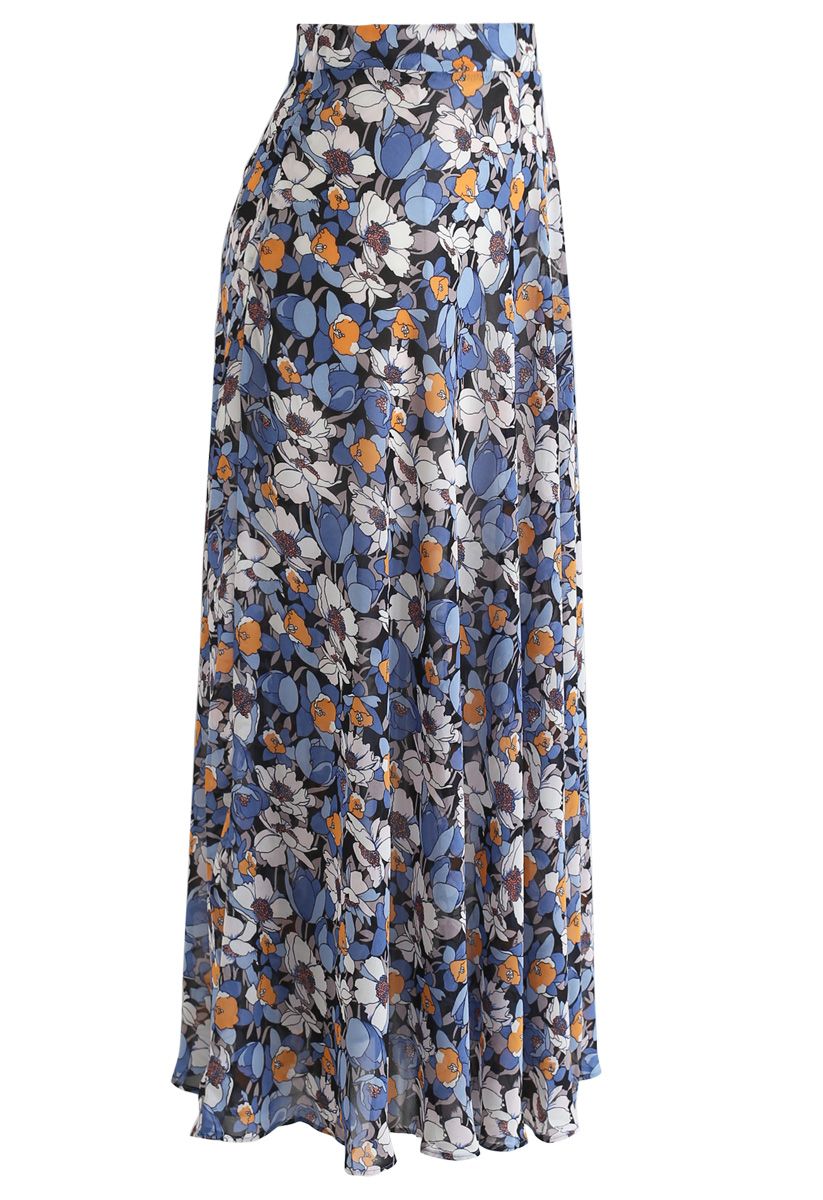 Falda larga de gasa de temporada de flores en azul