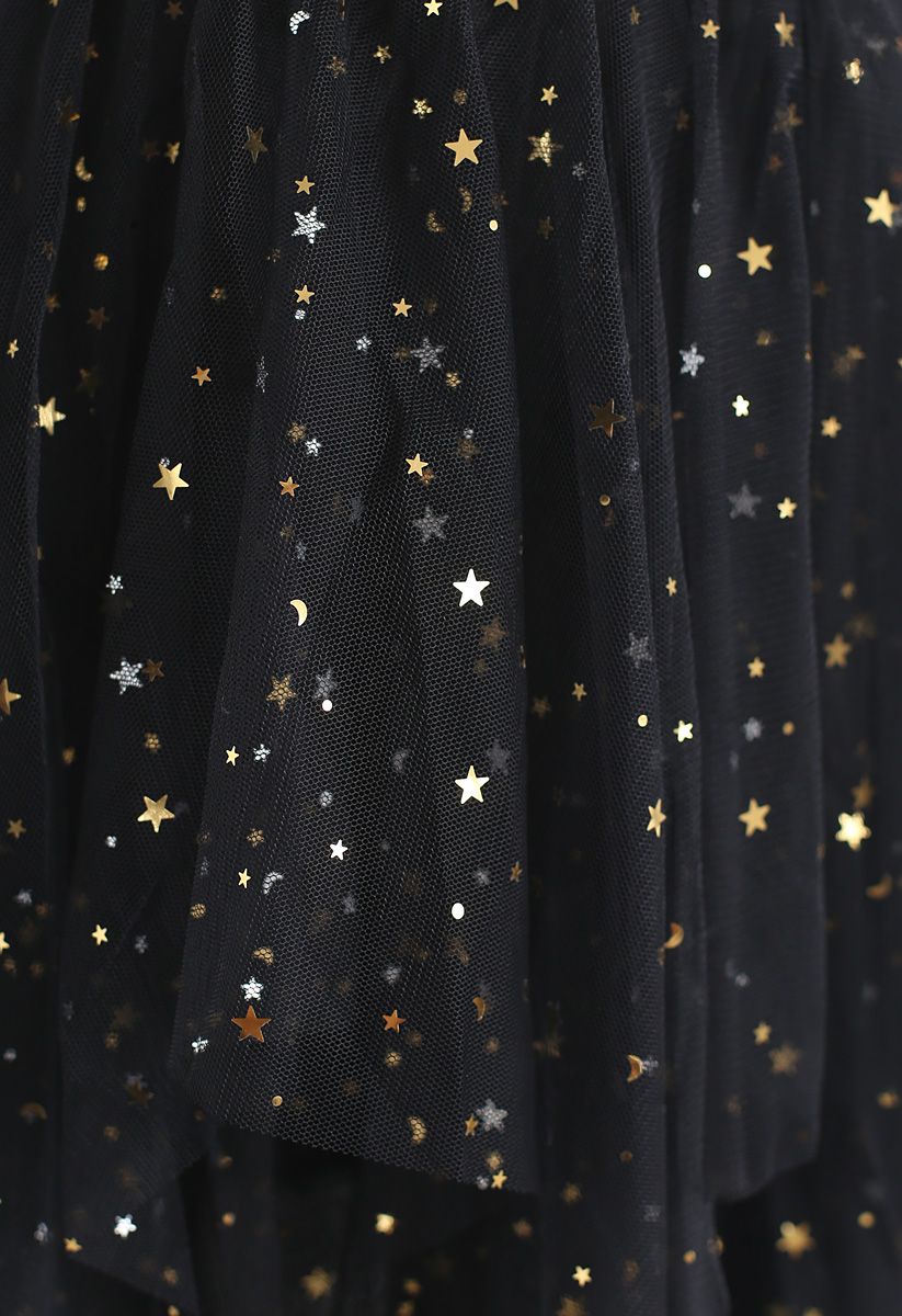 Falda asimétrica de malla con gradas Shooting Stars en negro