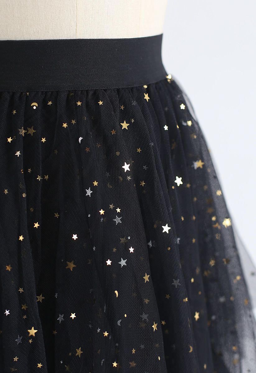 Falda asimétrica de malla con gradas Shooting Stars en negro