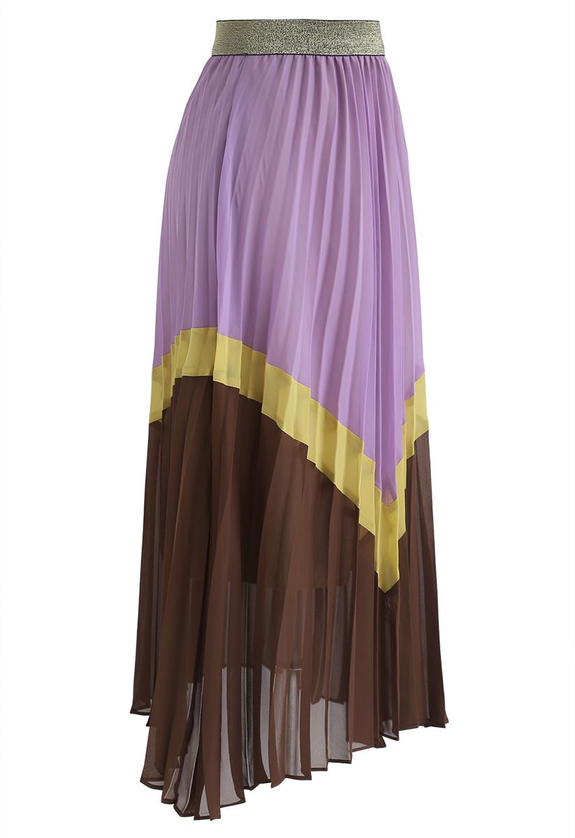 Falda midi de gasa plisada de color contrastado en violeta