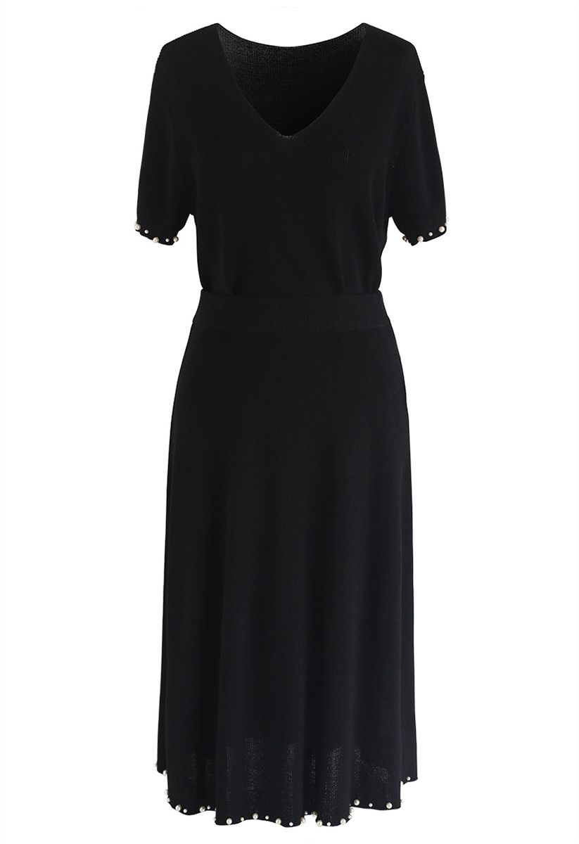 Conjunto de falda y top de punto sofisticado clásico en negro
