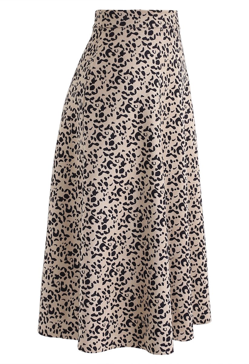 Falda midi de ante sintética con estampado de leopardo