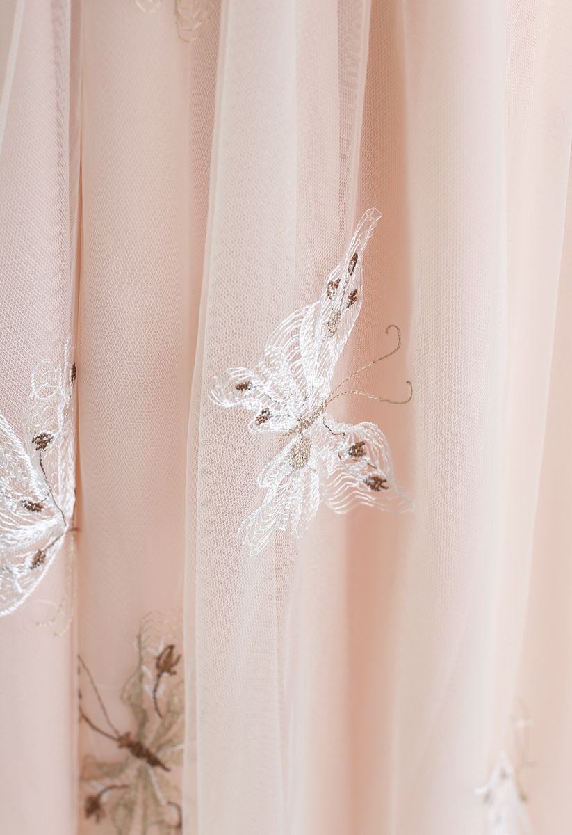 Falda midi de malla de doble capa con bordado de mariposa