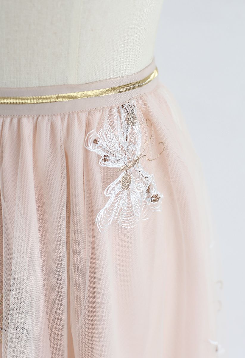 Falda midi de malla de doble capa con bordado de mariposa