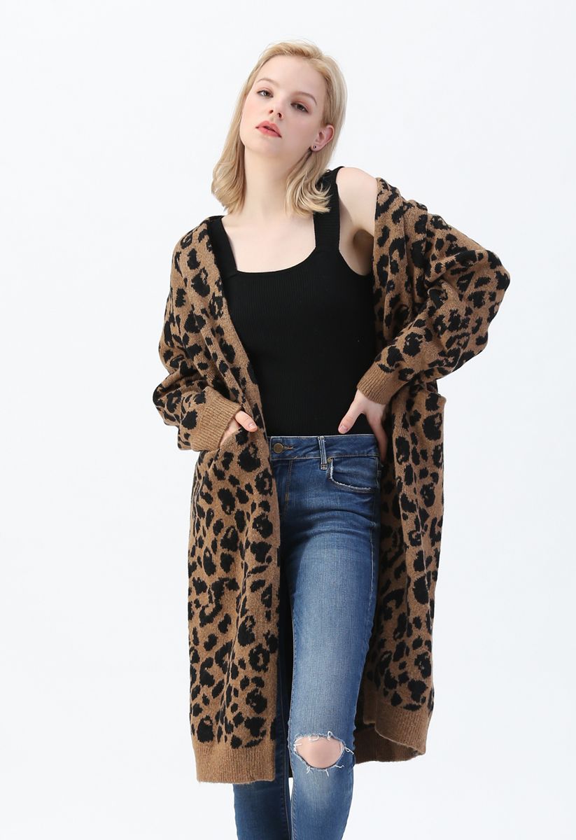 Cárdigan largo con bolsillo de leopardo en marrón - Retro, and Unique Fashion