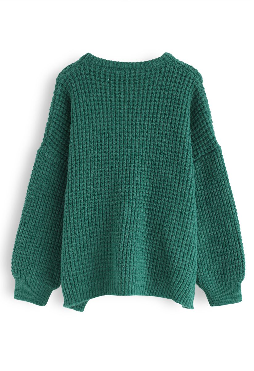 Suéter extragrande de punto gofrado con mangas abullonadas en verde azulado