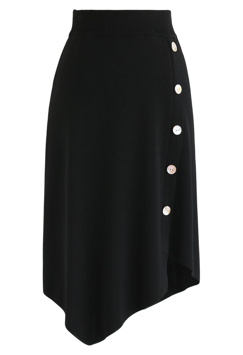 Falda de punto asimétrica con ribete de botones de concha en negro
