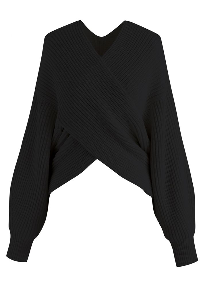 Suéter corto de punto acanalado entrecruzado en negro