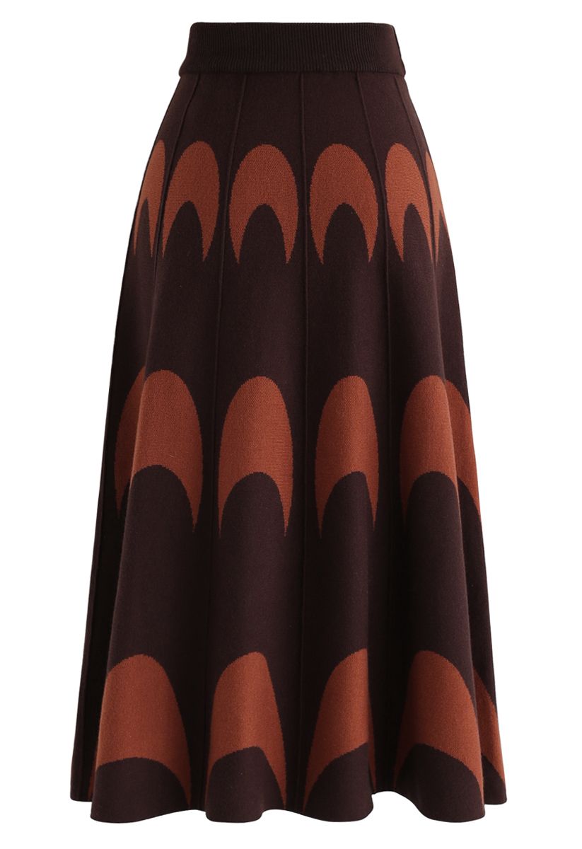 Moon Pattern Knit A-Line Midi Skirt in Caramel