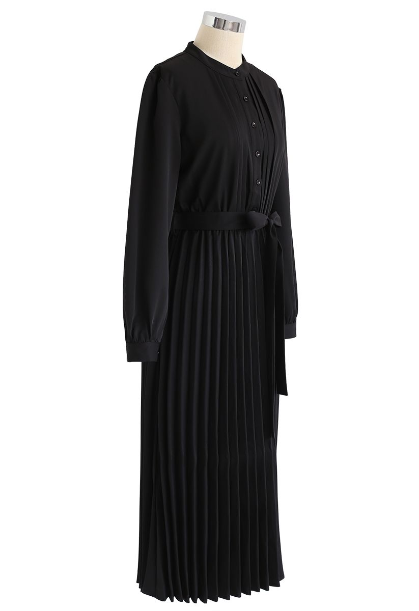 Vestido midi plisado con lazo anudado en negro