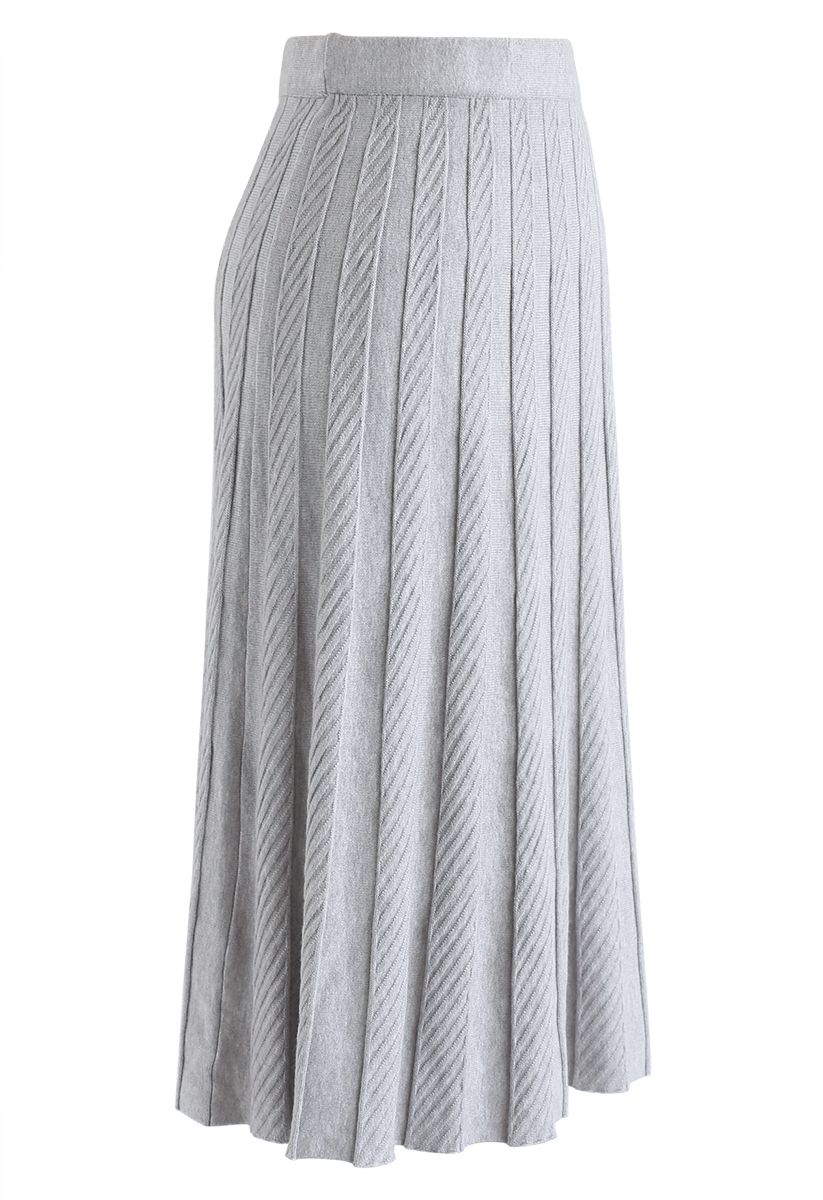 Falda midi de punto con pliegues paralelos en gris