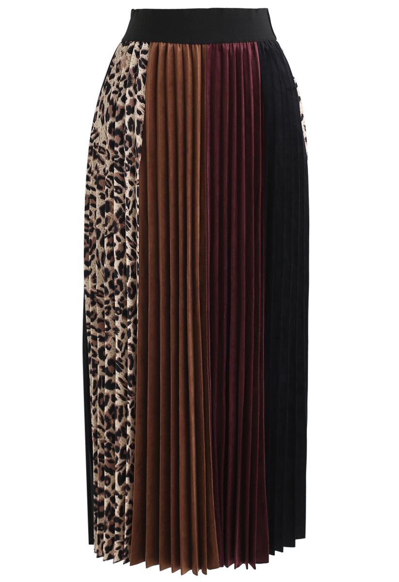 Falda midi de terciopelo plisado con detalle de leopardo
