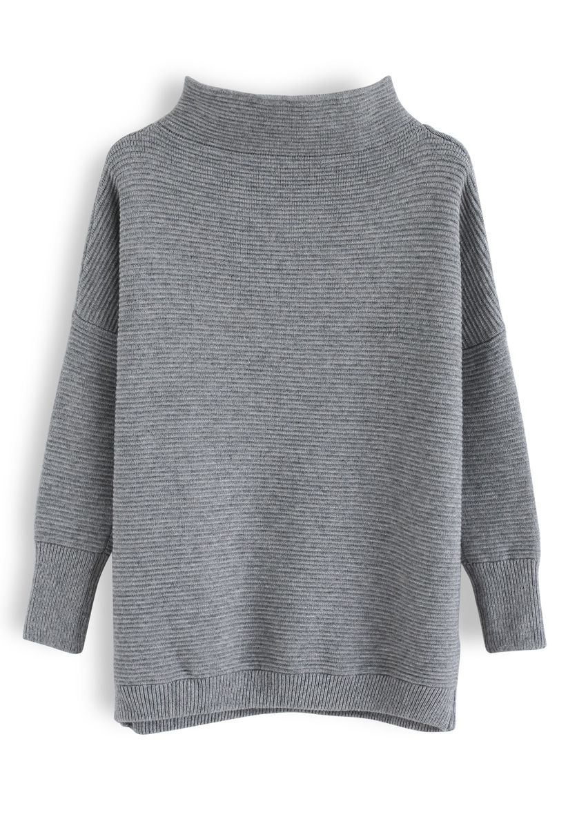 Suéter de cuello alto acanalado acogedor en gris