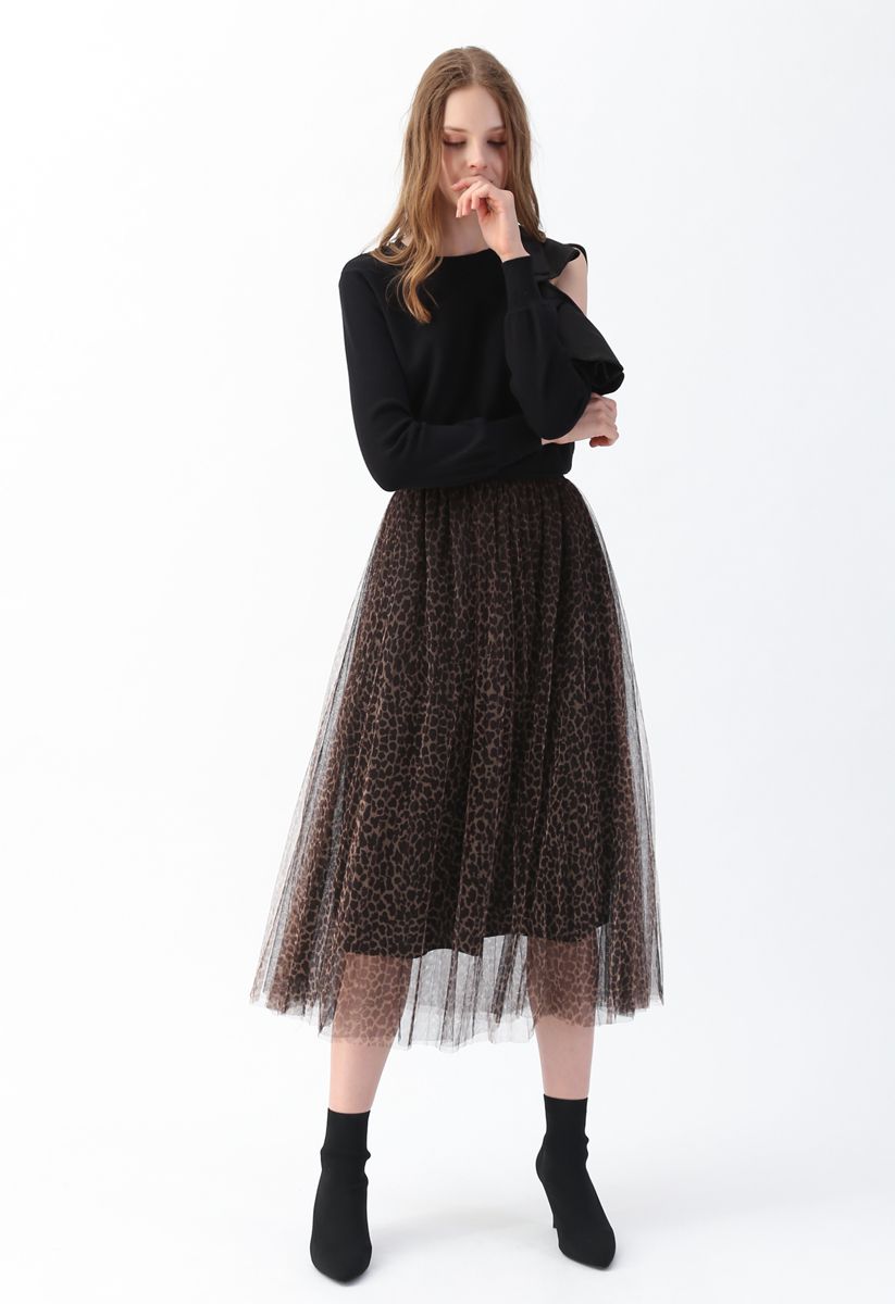 Falda plisada tul de malla de doble capa con estampado de leopardo - Retro, Indie Unique Fashion