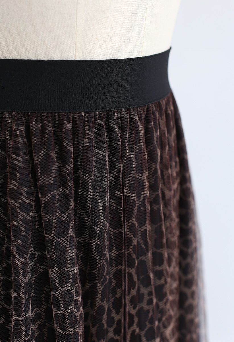 Falda plisada de tul de malla de doble capa con estampado de leopardo