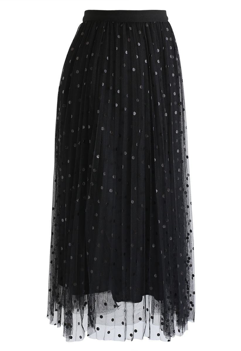 Falda de tul de malla de doble capa con lunares en negro