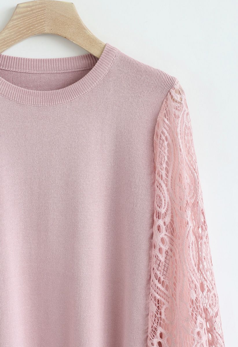 Suéter de punto con mangas de encaje Delicacy en rosa