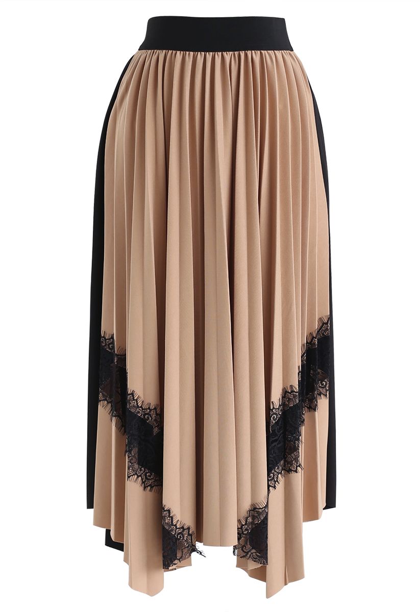 Falda midi plisada asimétrica con ribetes de encaje en tostado