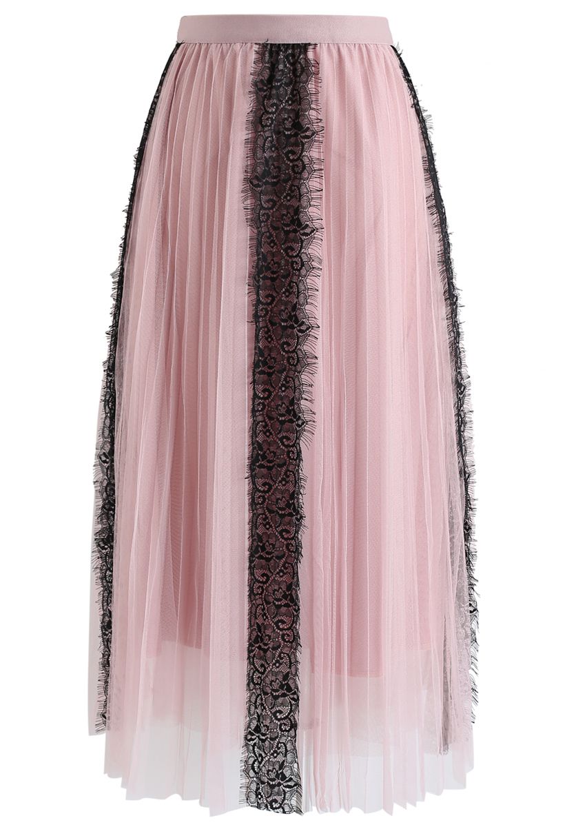 Falda midi de tul de malla con ribete de encaje en rosa