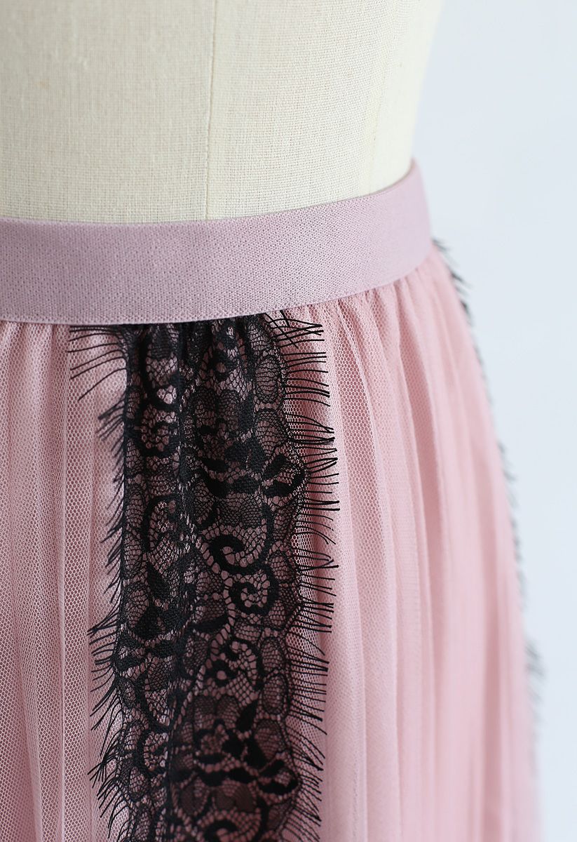 Falda midi de tul de malla con ribete de encaje en rosa
