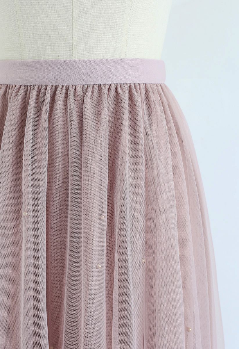 Falda de malla de tul con adorno de cuentas en rosa