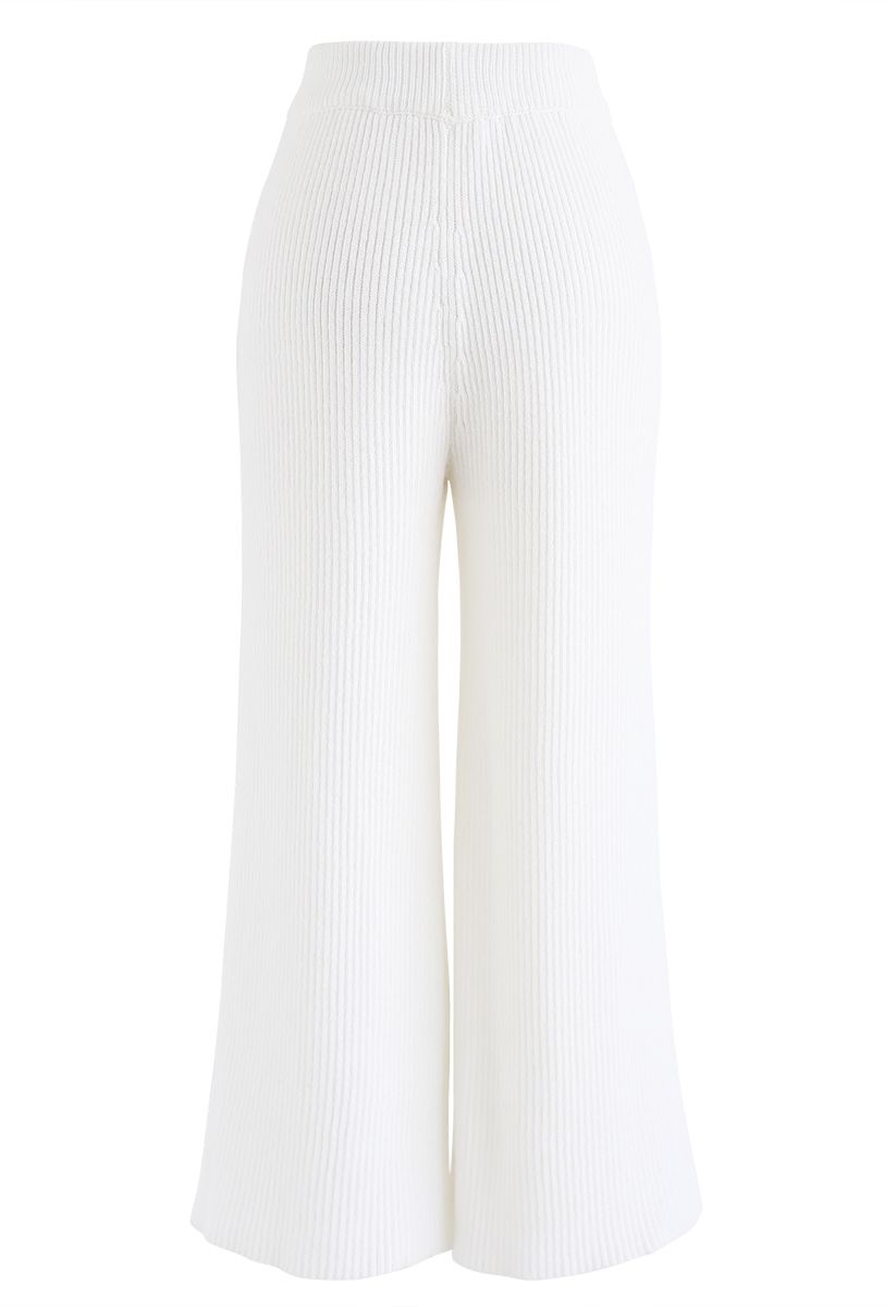 Pantalones de punto de talle alto y pernera ancha en blanco