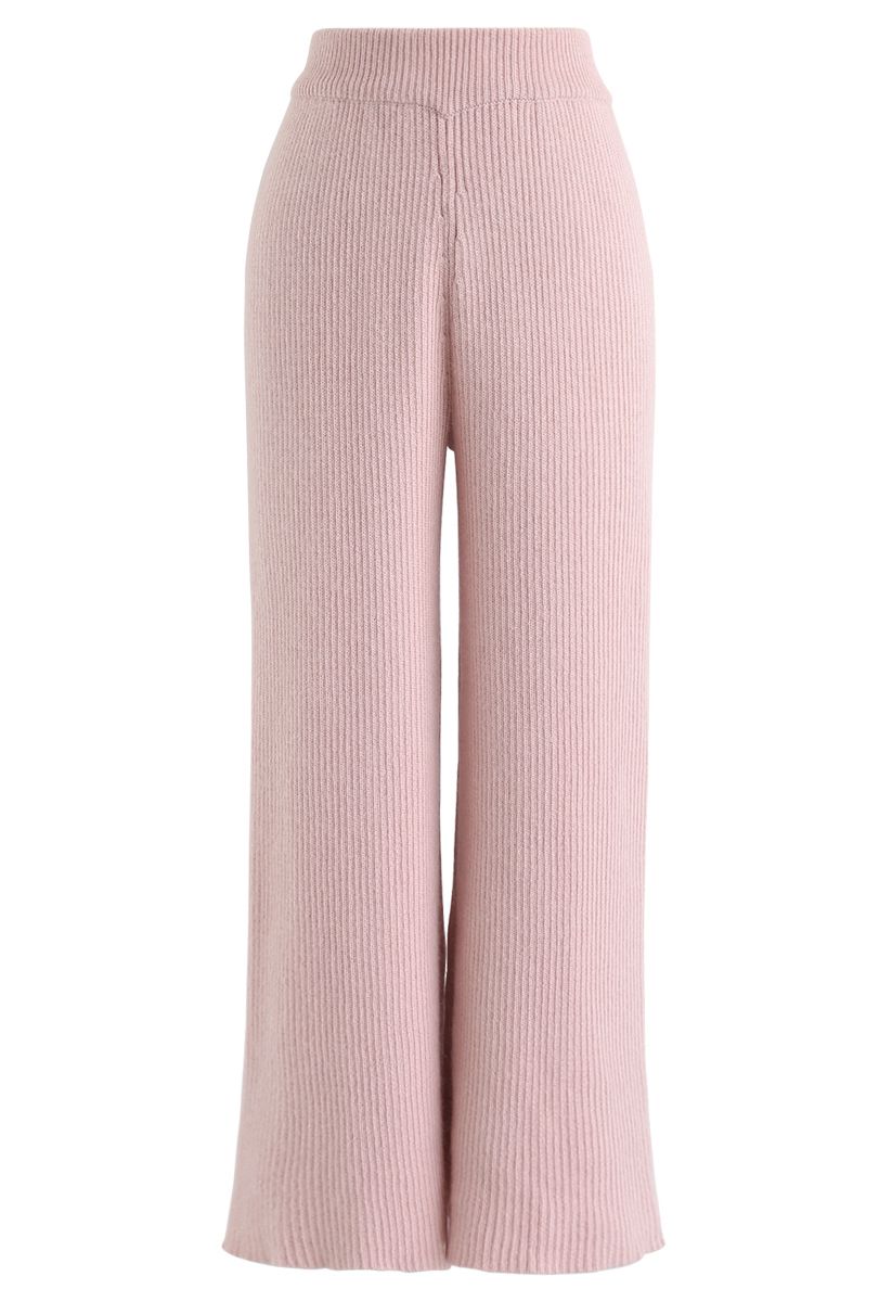 Pantalones de punto de talle alto y pernera ancha en rosa
