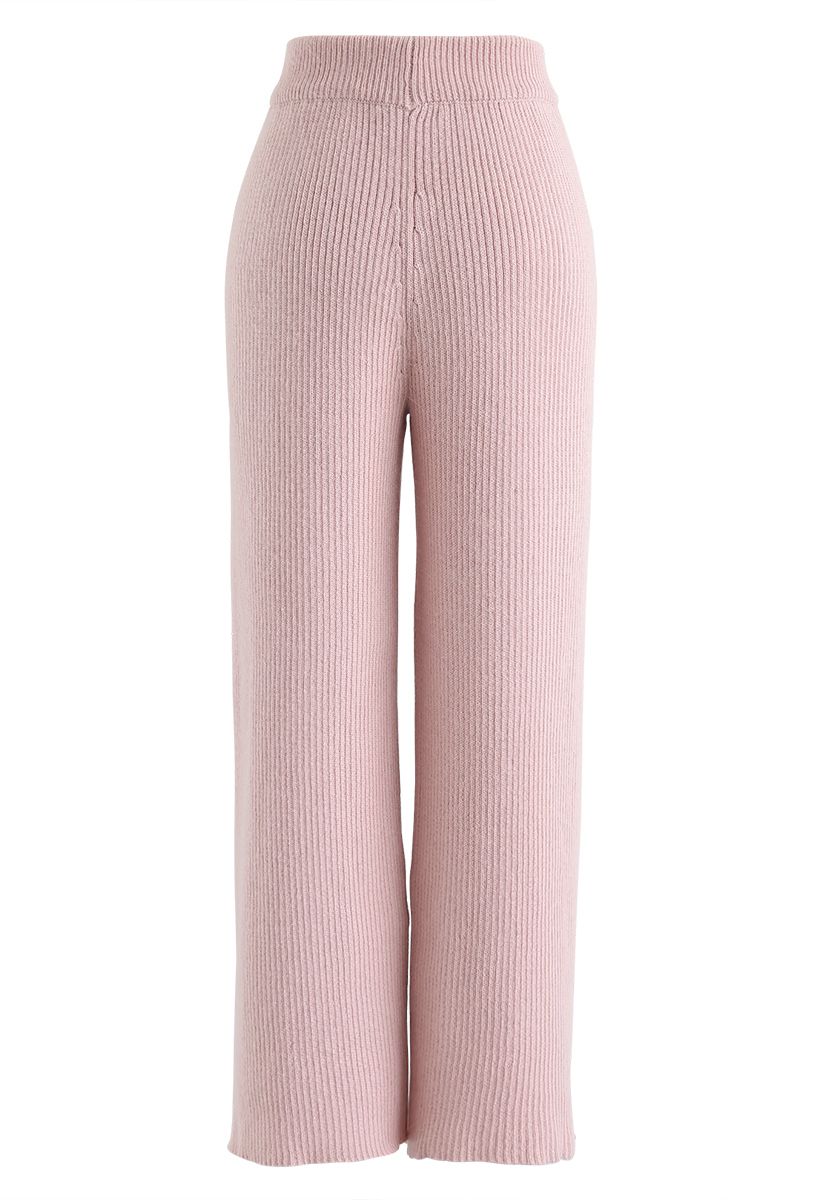 Pantalones de punto de talle alto y pernera ancha en rosa