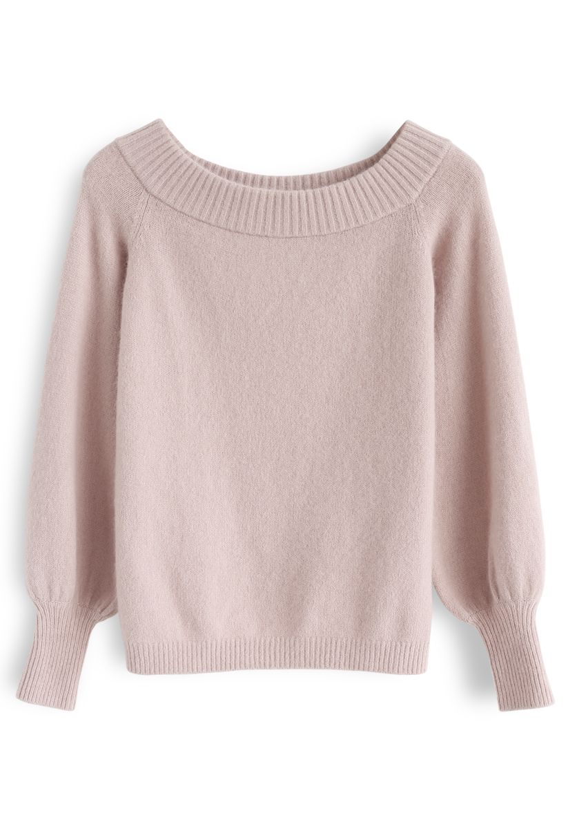 Suéter de punto esponjoso con hombros descubiertos y mangas abullonadas en rosa polvoriento