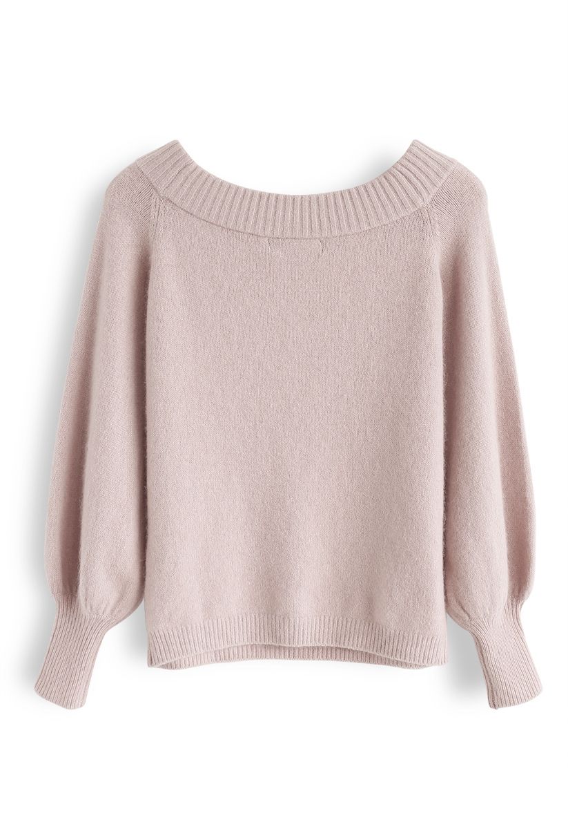 Suéter de punto esponjoso con hombros descubiertos y mangas abullonadas en rosa polvoriento