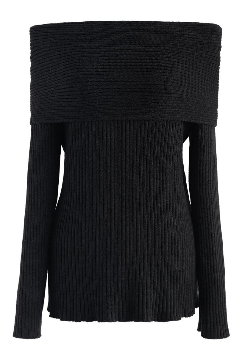 Suéter de punto acanalado con hombros descubiertos en negro