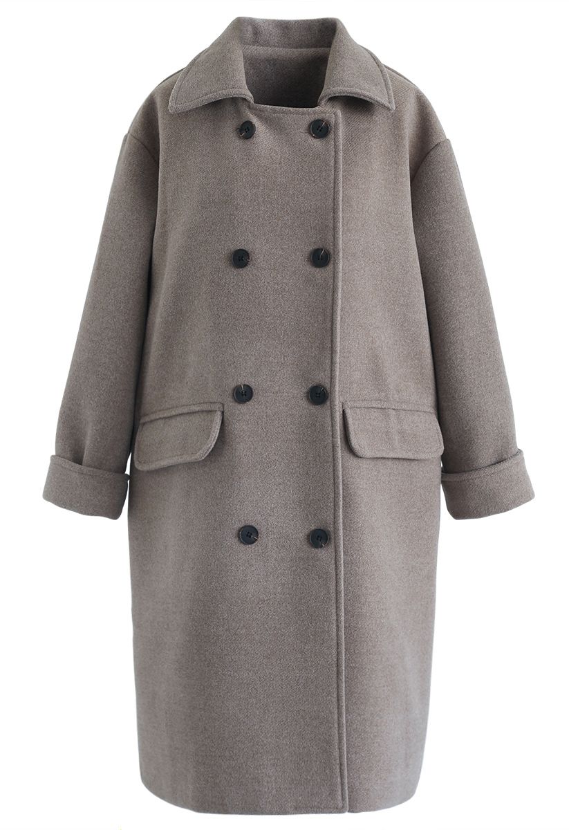 Abrigo de mezcla de lana con doble botonadura y bolsillos con solapa en gris